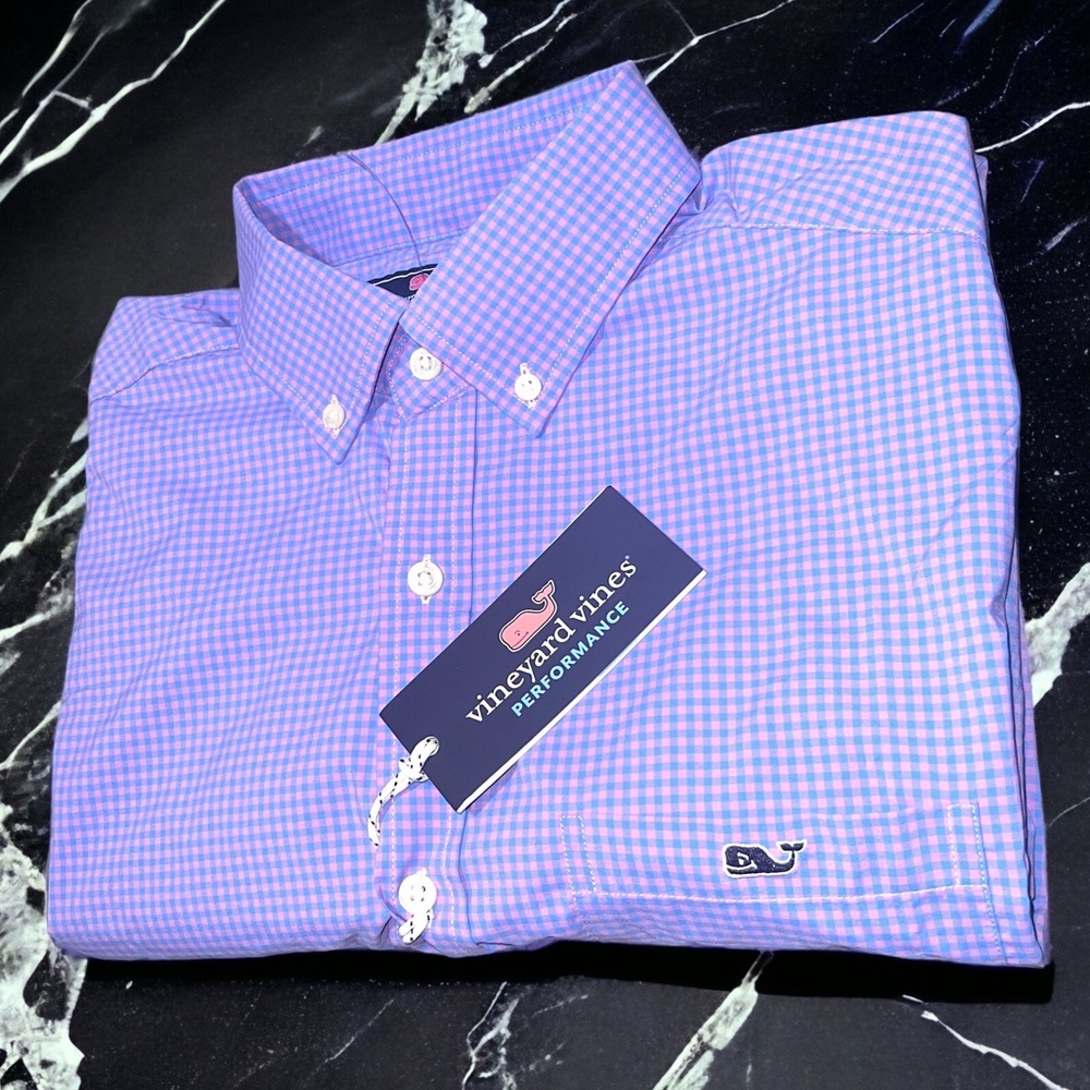 Vineyard Vines Purple and Pink Gingham Performance Button-Down Shirt